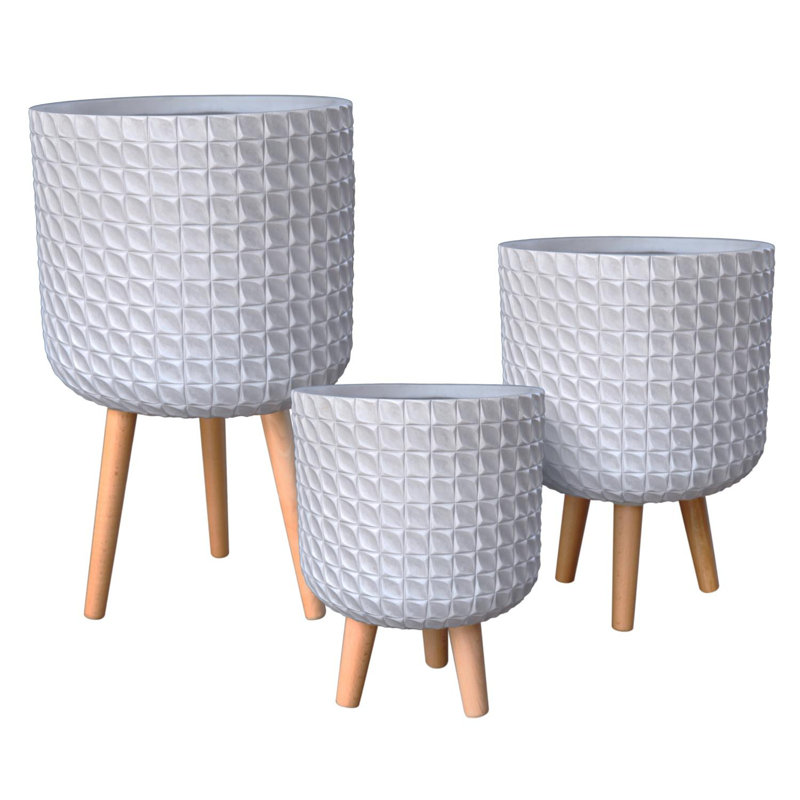 Geometric Patterned Cylinder Planter with Feet, 34cm H x 25cm W x 25cm D, White