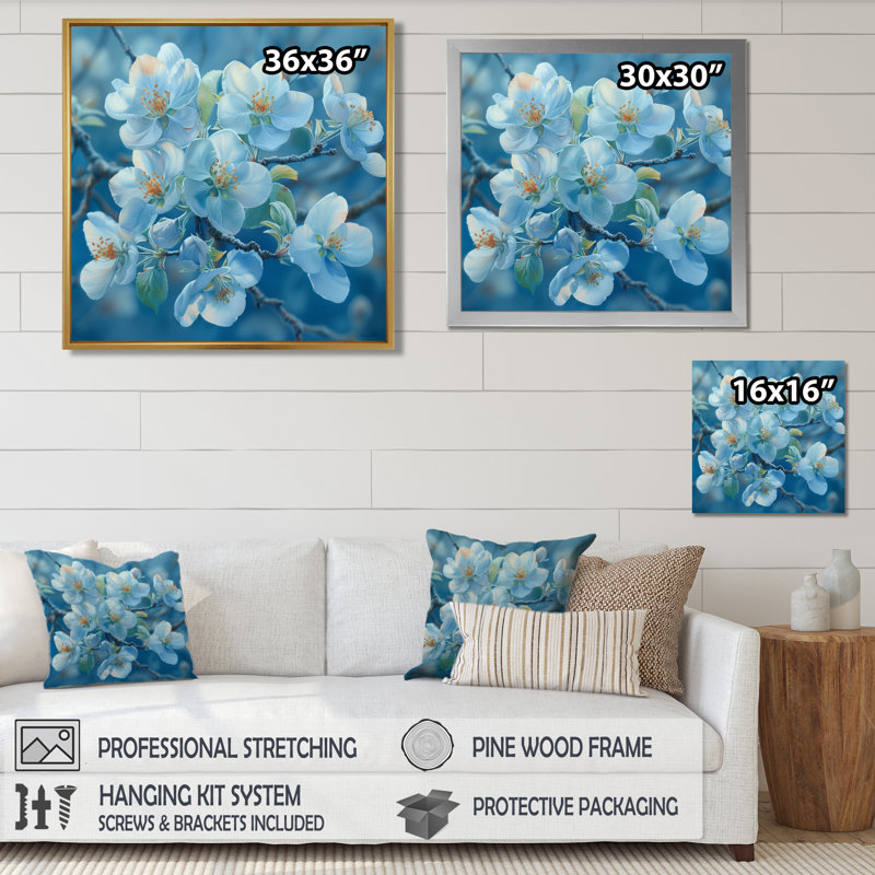 «Blue Apple Blossom Spring Breeze II», art mural fleur de pommier, H 16 po x l 16 po, Cadre simple noir