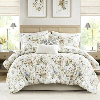 Édredon surdimensionné 6 pièces en coton très grand avec motif floral vibrant, coton 300Tc de haute qualité, bourre moelleuse 300G / m², grande couverture, jupe de lit et oreillers décoratifs à imprimé rafraîchissant,