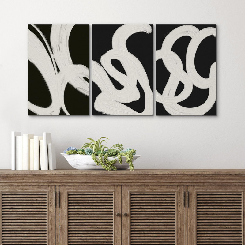 BAW Black And White Modern Abstract Pictures Boho Decor Framed Canvas 3 Pieces Print Wall Art, 36" H x 72" W, Wrapped Canvas