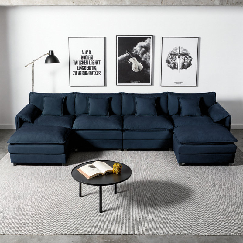Canapé modulaire gris en chenille modulaire en U avec 2 repose-pieds et sièges profonds, Bleu