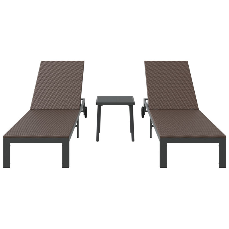Sunbeds 2 Pcs With Wheels And Table Poly Rattan, Brown