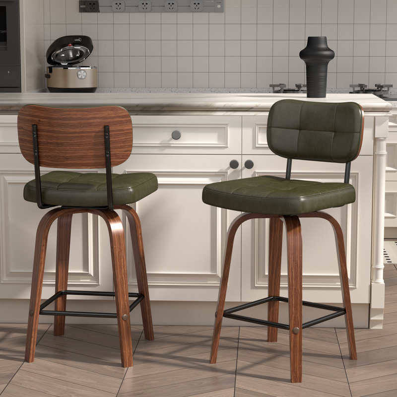 Tabouret de bar pivotant en bois courbé avec siège en similicuir (ensemble de 2), Vert foncé