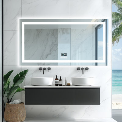 Smart LED Bathroom Mirror with Bluetooth Speaker, Time & Date Display, Front & Backlit, 3-Color Temperature, Dimmable Brightness, Anti-Fog, Tempered Glass, IP65 Waterproof