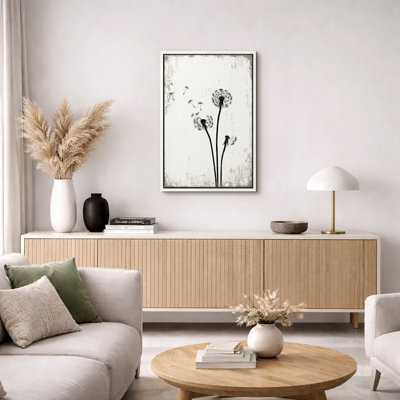 Dandelion "Simple Whimsy Flying Dandelion Artwork, Minimalist Neutral Rustic Living Room Wall Pictures, Large Framed Canvas Giclee Print Wall Art"