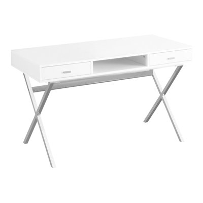 Home Office Writing Desk In White With Metal Base And Storage Compartments Contemporary For Small Space - 48"l Glossy Laptop Base, 2 Drawers & Open Shelf