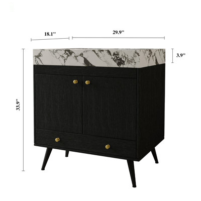 Meuble-lavabo autoportant de style Mid-Century avec comptoir en faux marbre et lavabo en céramique, armoire de rangement à double porte de 30 po, bois d'ingénierie imperméable