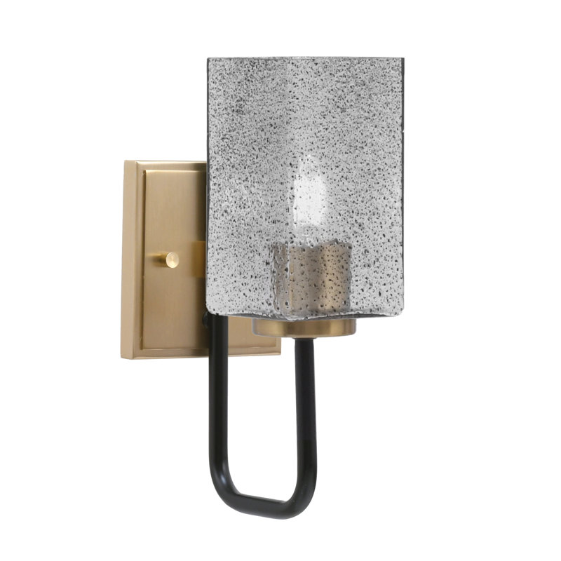 Amarmula 1 Light Wall Sconce, Matte Black & New Age Brass Finish, 3.5" Square Smoke Bubble Glass, Black/Brass, Clear/Black