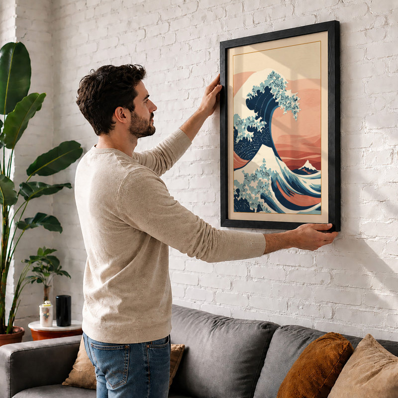 The Great Wave Japandi - Framed Print, A1 - 84.1 x 59.4 cm, Black