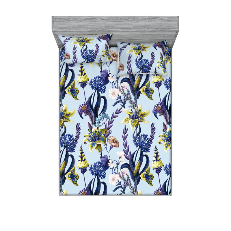 Drap-housse et taies décoratives 3 pièces Ambesonne, Vert pomme, lavande foncé / floral