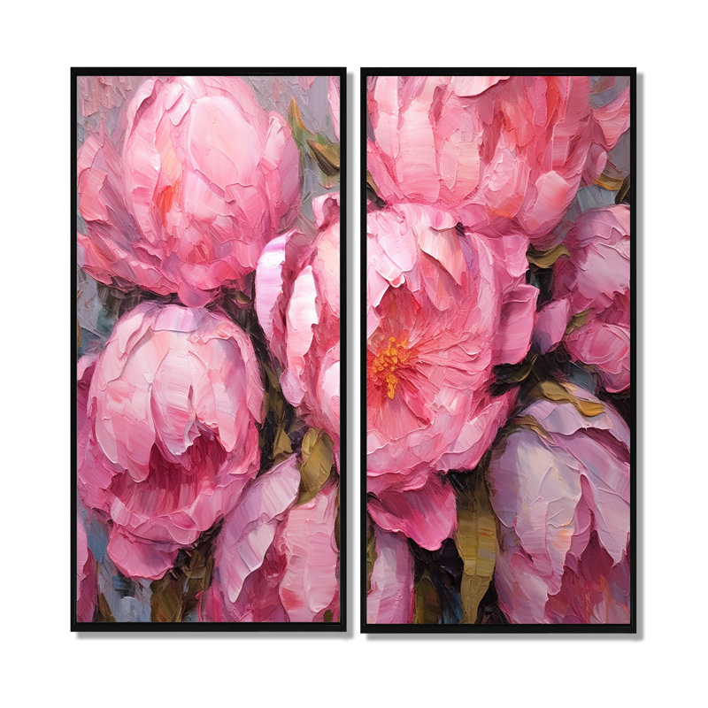 Pivoine rose Perfection I - grande décoration murale florale 2 panneaux, H 32 po x l 32 po, Noir