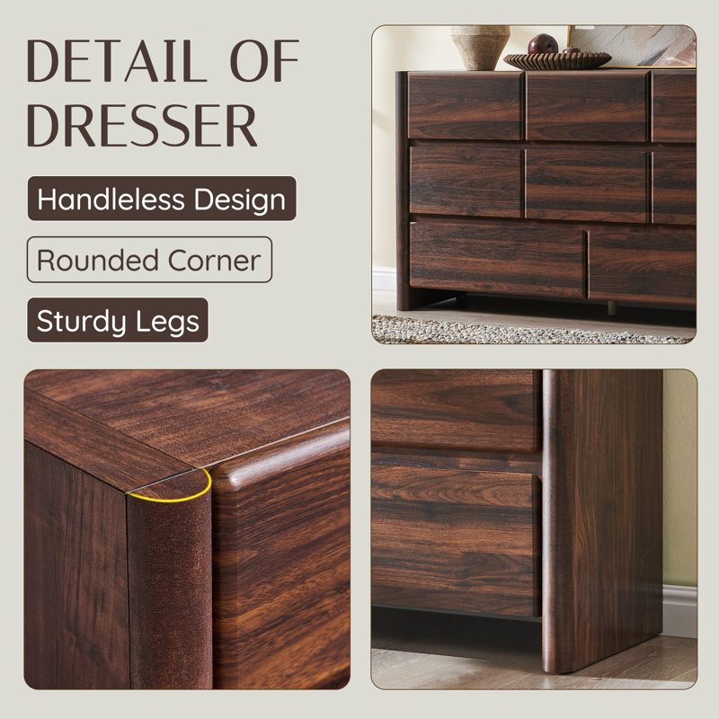 Bolanos Modern 8 Drawers Dresser for Bedroom, 55" Wide Dresser w/Large Storage, Wood Handleless Chests of Drawers w/Rounded Corner  for Bedroom