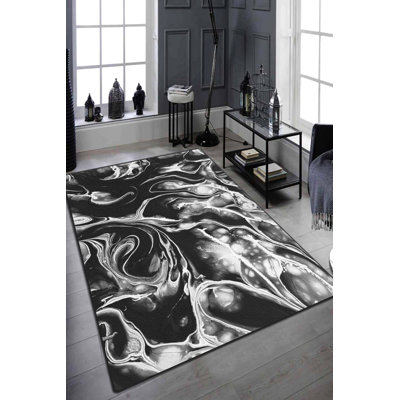 Antibacterial Area Rug, Black & White, 31.5 x 55.1 inches | 100% Polyester, 0.16 in Pile Height, Non-Slip Felt Dot Underside | Machine Washable, Durable & Easy to Clean | Perfect for Living Room & Bedroom Décor