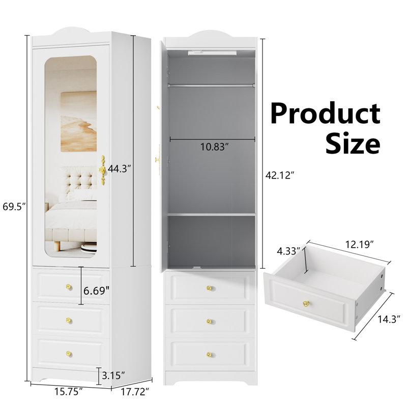 Armoire-penderie à miroir 3 portes avec 3 tiroirs et tablettes réglables 15,75 po