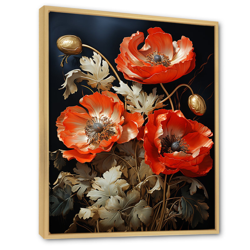 Bronze éclatant coquelicots en lueur métallique II - coquelicots, art mural, Cadre flottant brun