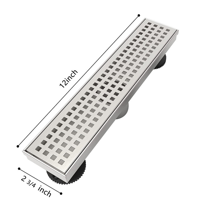 12 Inch Linear Shower Drain With Removable Quadrato Pattern Grate Cover, 304 Stainless Steel Shower Floor Drain With Hair Strainer And Leveling Feet