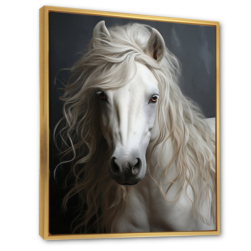 «White Horse Subtle Whispers - Animal Wall Art Living Room», H 44 po x l 34 po x P 1,5 po, Cadre flottant doré