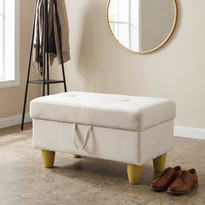 Cream Velvet Storage Ottoman Bench, Tufted Lift Top Foot Stool With Wood Legs, Storage Chest For Entryway Bedroom Living Room