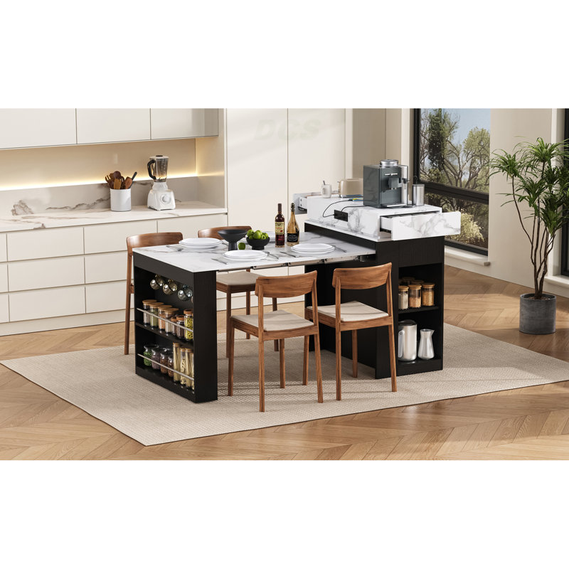 Extendable Dining Table With Folding Tabletop, Bar Table With Drawers And Power Outlet, Kitchen Island With Wheels And Hooks, Sideboard For Kitchen And Dining Room (Black+Marble White), Kitchen Island