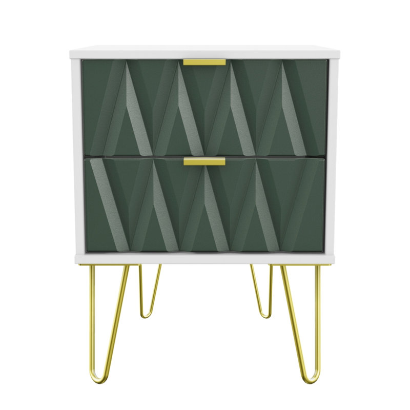 Fully Assembled Diamond - Gold Hairpin (F) 2 Drawer Bedside, White/Green