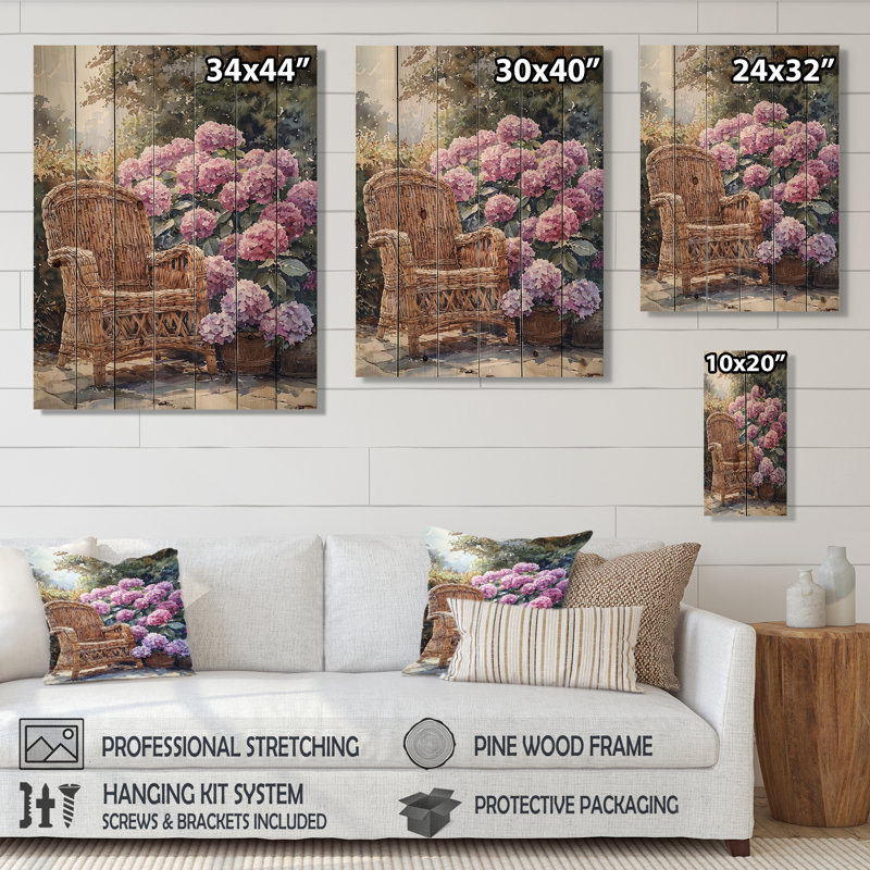 Hortensias avec meubles en rotin II - Art mural en bois d'hortensias - sur bois de pin naturel, H 40 po x l 30 po x P 0,78 po