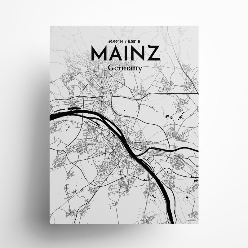 Mainz City Map In Ink - No Frame Print, 24cm H x 18cm W x 0.05cm D