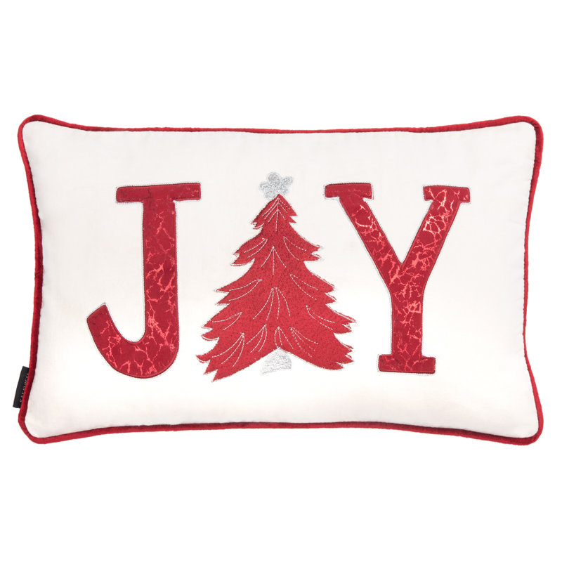 Cream and Red Embroidered Cotton Rectangular Throw Pillow