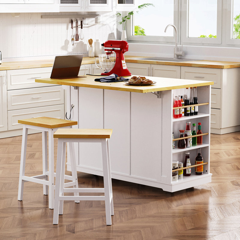 53Inch Large Kitchen Island With Drop Leaf, Power Outlet, Door Internal Storage Rack, Rolling Kitchen Cart On 5 Wheels With 5 Open Side Racks For Kitchen, Dining Room,White(Not Include Bar Stools)