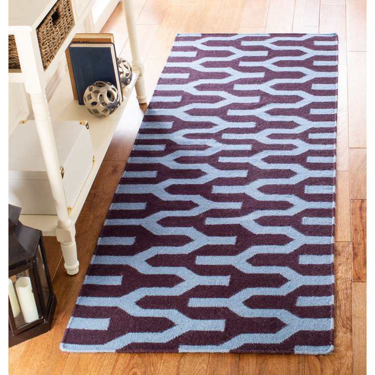 Rodgers Hand Woven Flat Weave Wool/Cotton Geometric Rug in Blue/Purple