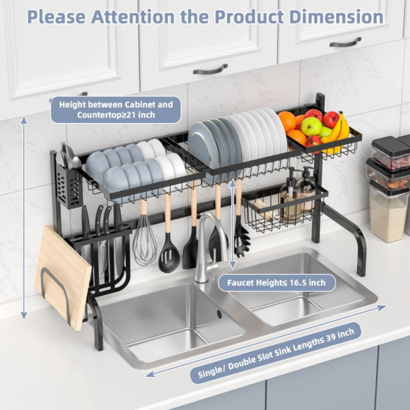 Adjustable Black Steel Over Sink Dish Drying Rack with Hooks