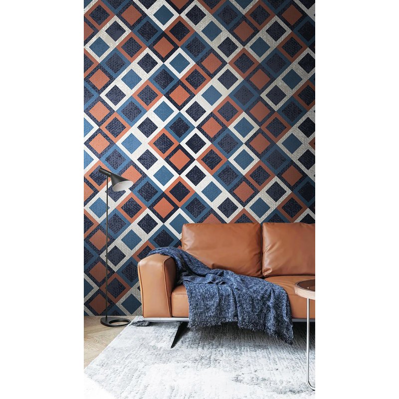 Geometric Pattern Red Square Wallpaper, 114" W x 76" L