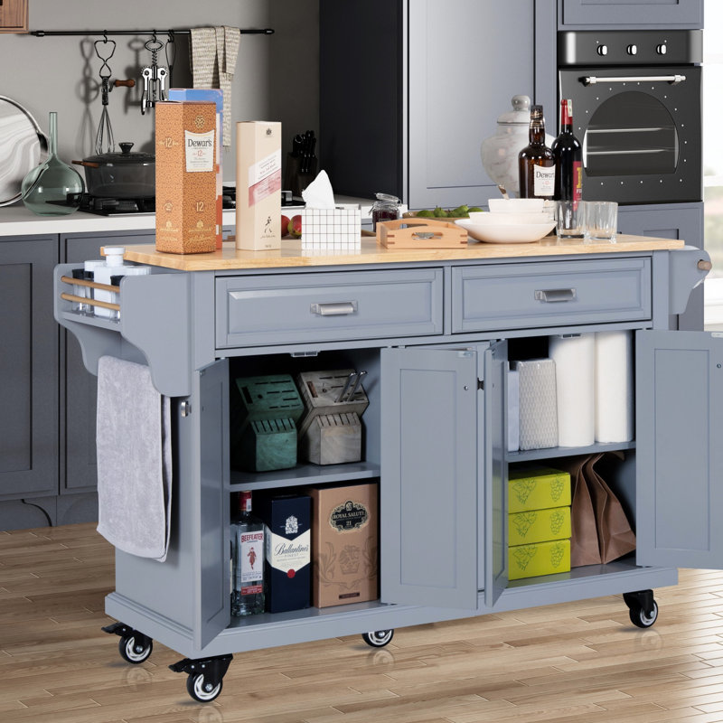 Kitchen Island With Rubber Wood Countertop, Kitchen Cart On 5 Wheels With Storage Cabinet And 2 Top Drawers And A Center Double Layered Storage Drawer, Kitchen Island