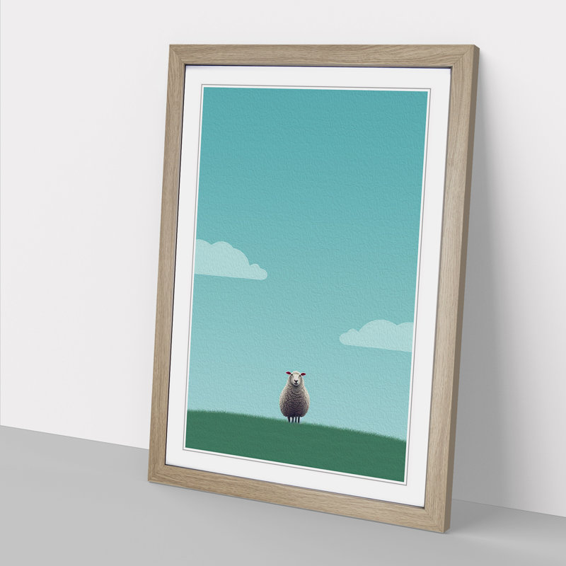 Sheep Minimalism - Framed Print, 64cm H x 46cm W x 2cm D, Oak