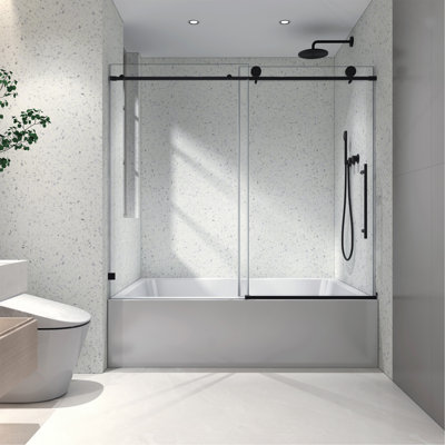 6063 Matte Black frameless one fixed and one shifted Shower Door, 70MM 304 stainless steel large pulleys with adjustable soft closing function