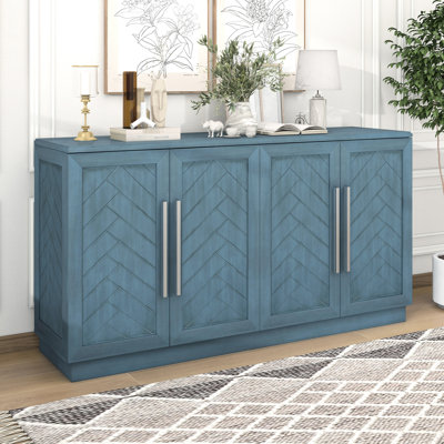 4-Door Sideboard In Antique Blue, Adjustable Shelves, Silver Handles For Stylish Home Storage With Modern Design Blue Efficient