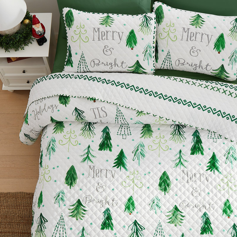 White Reversible Twin Christmas Tree Quilt Set