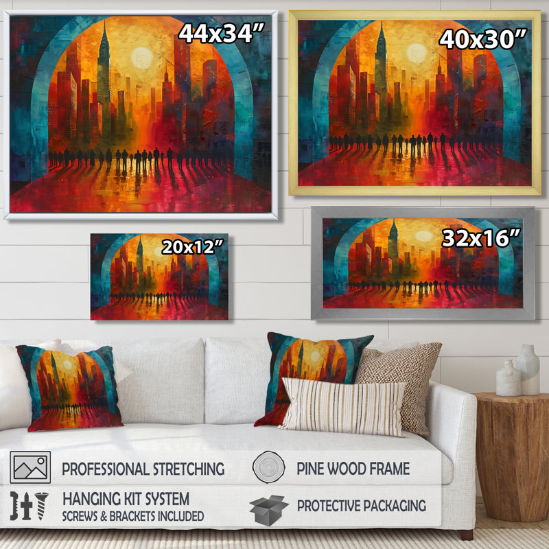 Rouge, bleu, ville, connexion, été, ciel, gratte-ciel, ponts, art mural, salon, Encadrement argenté, H 24 po x l 32 po