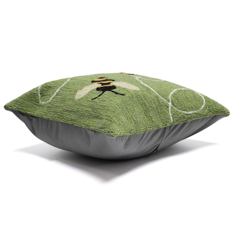 Green Hand Hooked Square Indoor/Outdoor Pillow with Bees