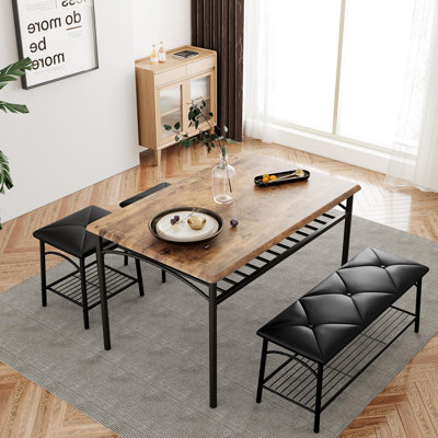 Ensemble de table de salle à manger 4 pièces avec banc et 2 chaises rembourrées, table de cuisine rectangulaire moderne avec structure en fer robuste et plateau en bois aggloméré, meubles peu encombrants pour les petits espaces
