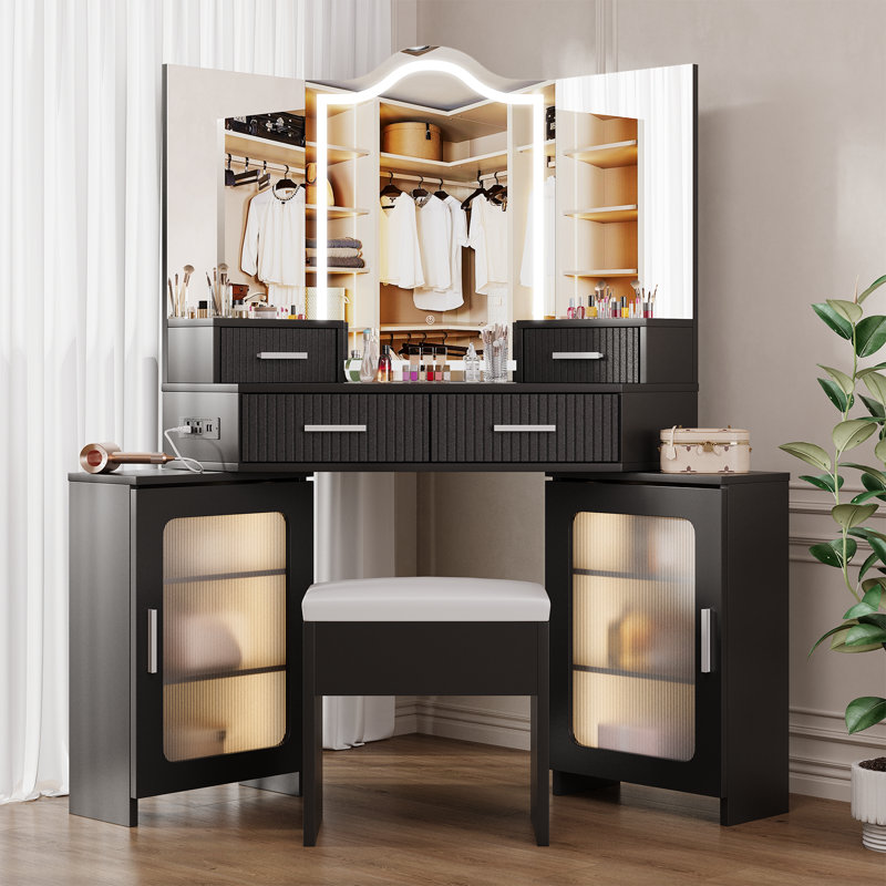 Tri-fold Makeup Vanity Desk With Led Mirror And Outlets, Fluted Dressing Table With 4 Drawers And 2 Storage Cabinets, Black
