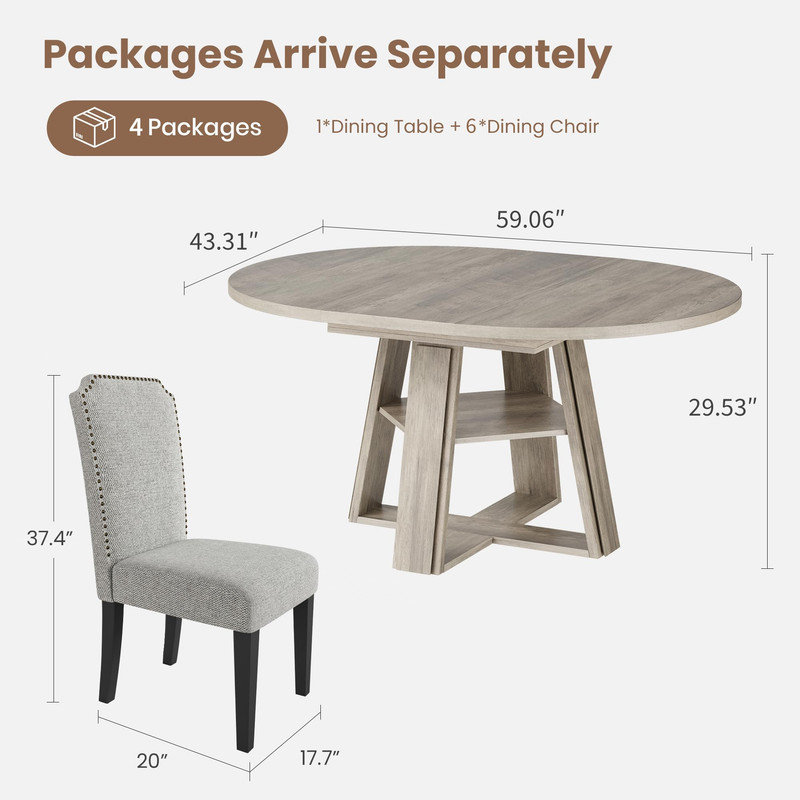 Ensemble de table et de chaises extensibles avec tablette de rangement et chaises rembourrées pour 4 à 8 personnes, 6