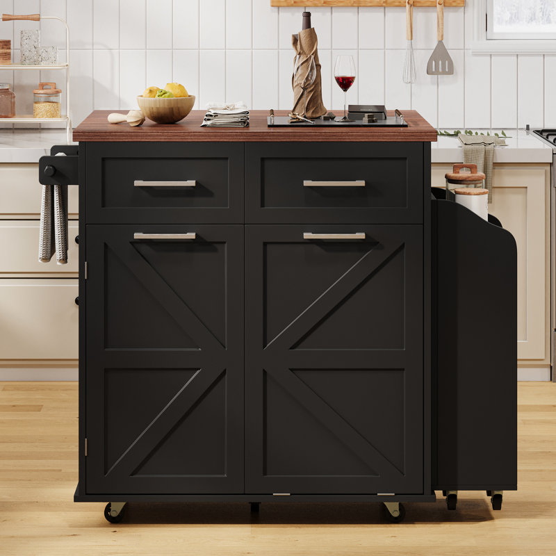 Îlot de cuisine 47,2 po, abattant, côté amovible, porte-serviettes, poubelle à bacs inclinables dissimulés, Black