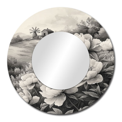 Monochrome Peonies And The Windmill I - Floral Mirror Wall Decor - Printed On Metal