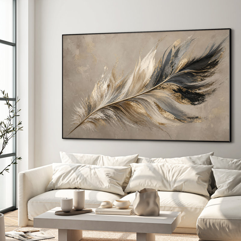 Très grand art mural imprimé sur tissu - Décoration de chambre à coucher botanique minimaliste plume brun clair - "Assemblage requis (cadre non fini)"