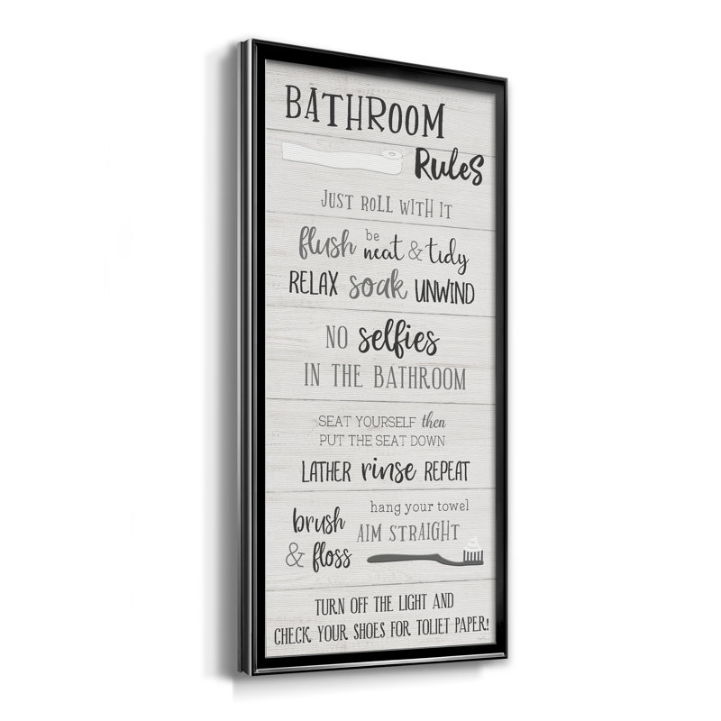 "Bathroom Rules" - Art textuel sur toile, H 14,5 po x l 26,5 po x P 1,5 po, Toile avec cadre noir