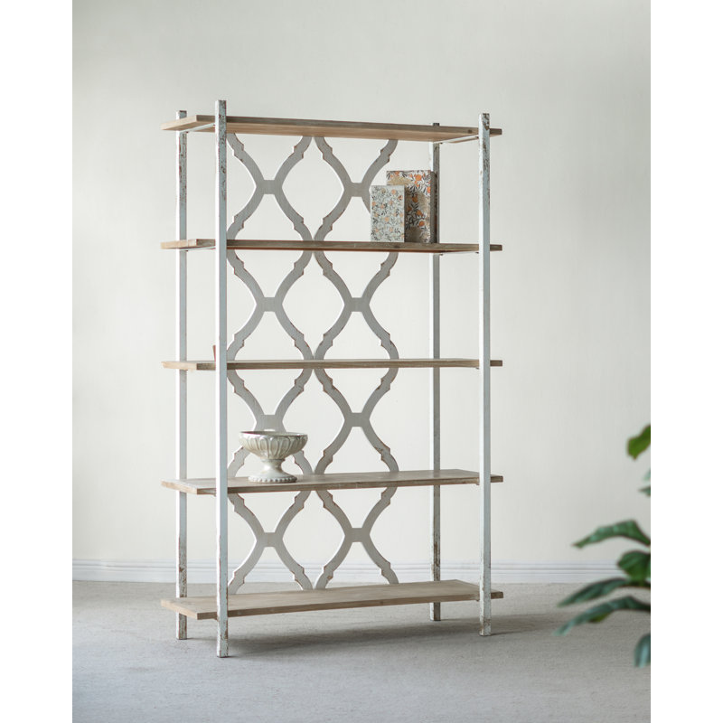 47x16.5x75" Five-tiered Wooden Shelving Unit With Ornate Cut-out Design, Brown/white