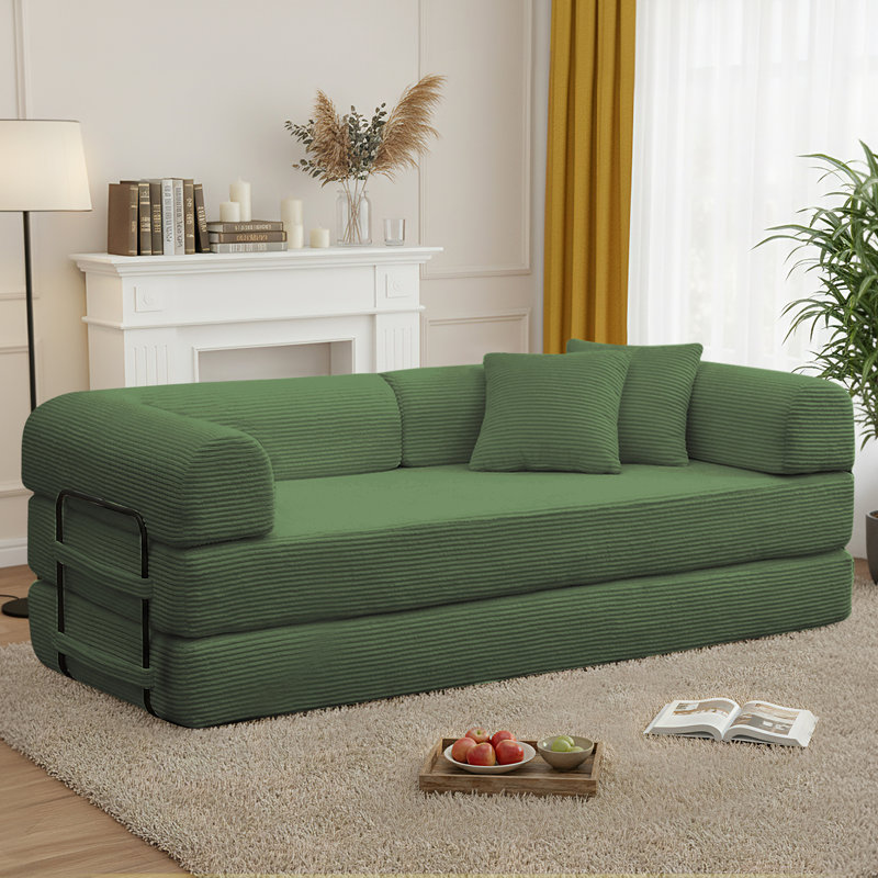 78" Compression Corduroy Queen Futon Convertible Sofa Bed with 2 Pillows, No Assembly Required, Green Corduroy