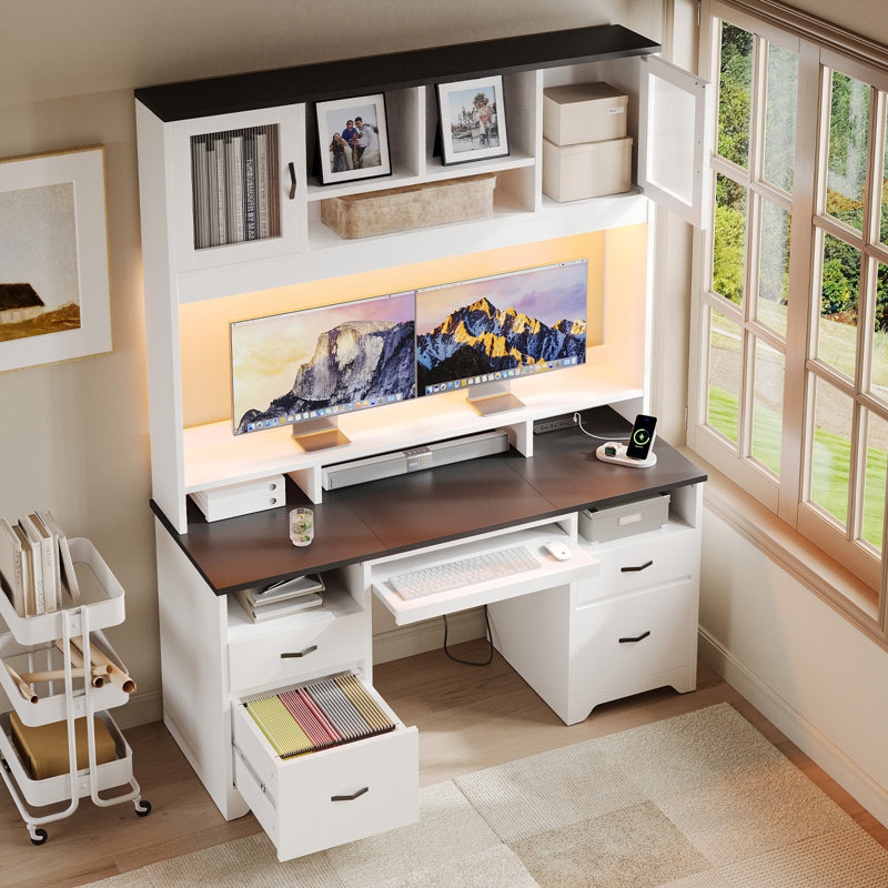  59 Inch Executive Computer Desk with Hutch, Built-in Power Strip, Monitor Riser & RGB LED Lights, Home Office Workstation, Gaming Desk & Study Writing Table