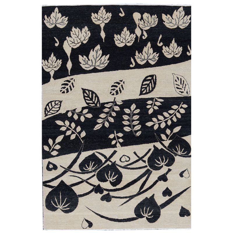 Hand-Knotted High-Quality Black and Ivory Area Rug