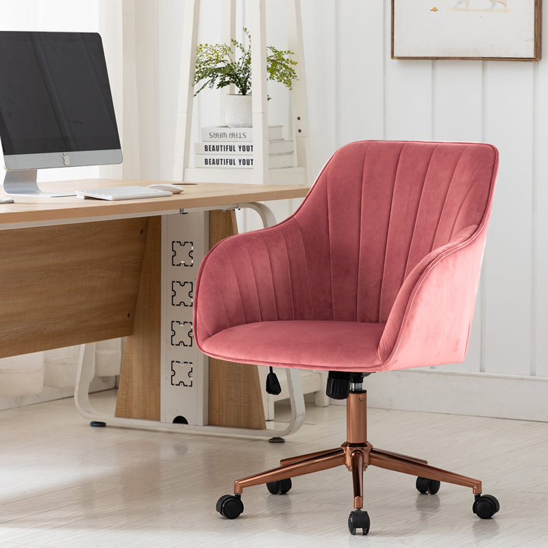 Chaise de bureau ergonomique pivotante à hauteur réglable Schick, Velours rose